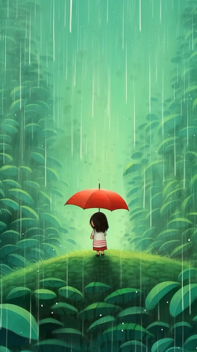 下雨天女孩撑着红伞坐走在草地里插画背景,插画/手绘图,插画/手绘图库,插画/手绘图下载,插画/手绘